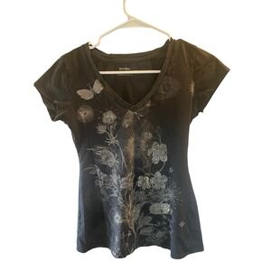 Women Y2K Dark Floral Fairy Graphic Butterfly Baby Tee Size XS Whimsigoth Grunge